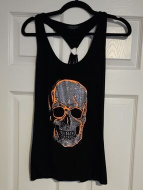Women's Black Tank Top with Orange Skull Graphic